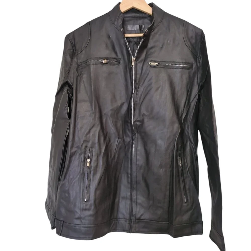 NEW Black Faux Leather Biker Jacket Men's XL